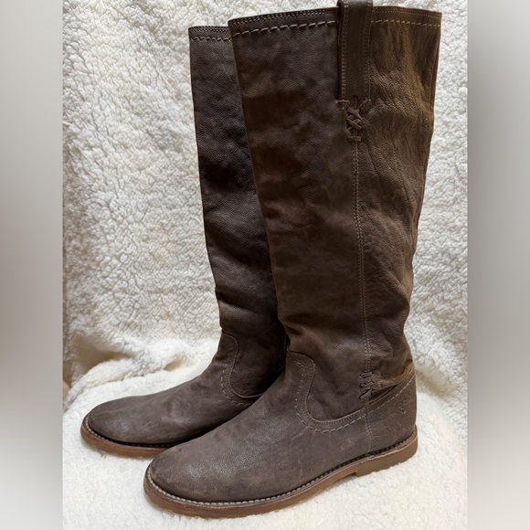 Frye Shoes - FRYE Celia X Stitch Leather Pull On Riding Boots 19” Size 10B Taupe/Gray 76340